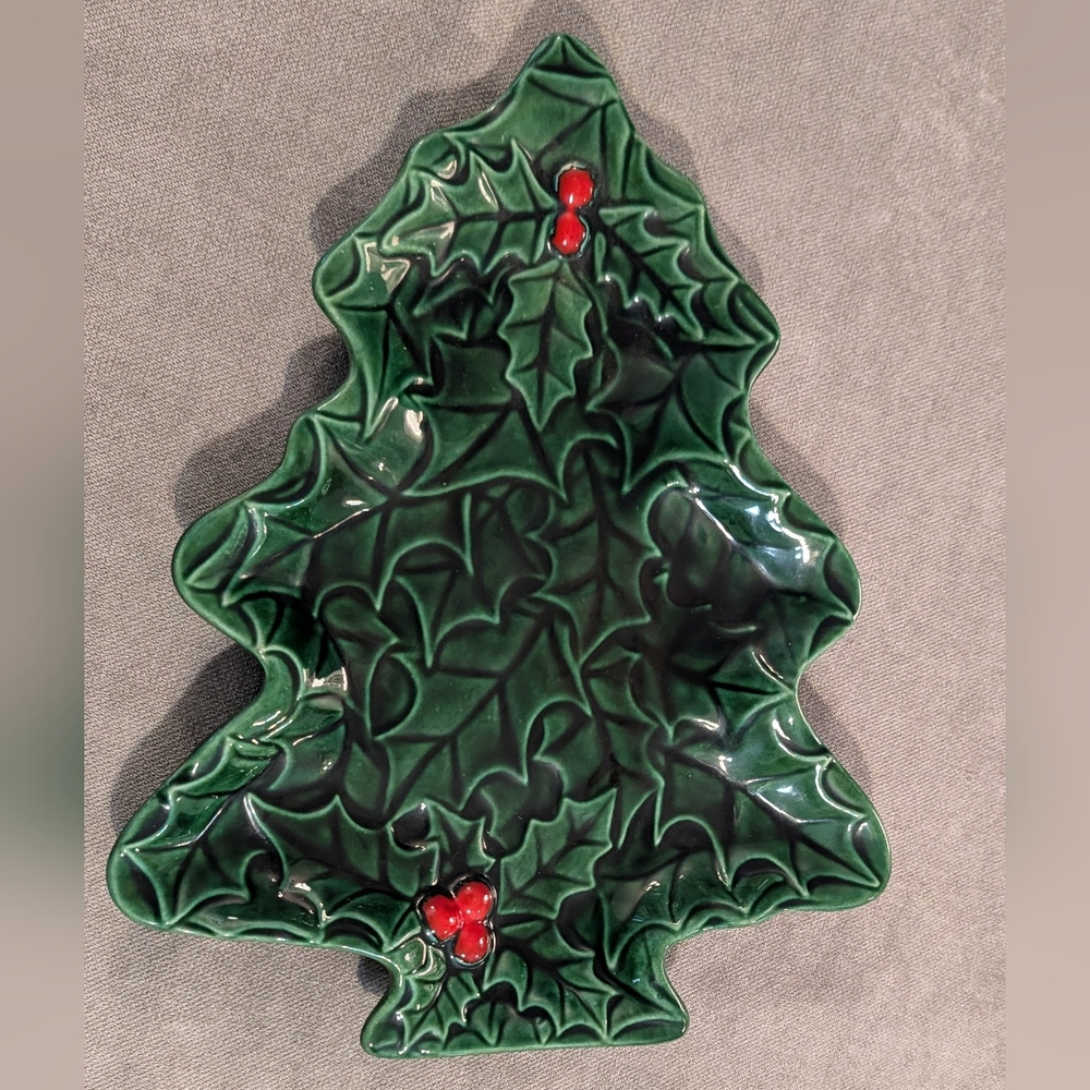Vintage Glossy Ceramic Christmas Tree Candy Dish 1980 Signed Green Fir Tree